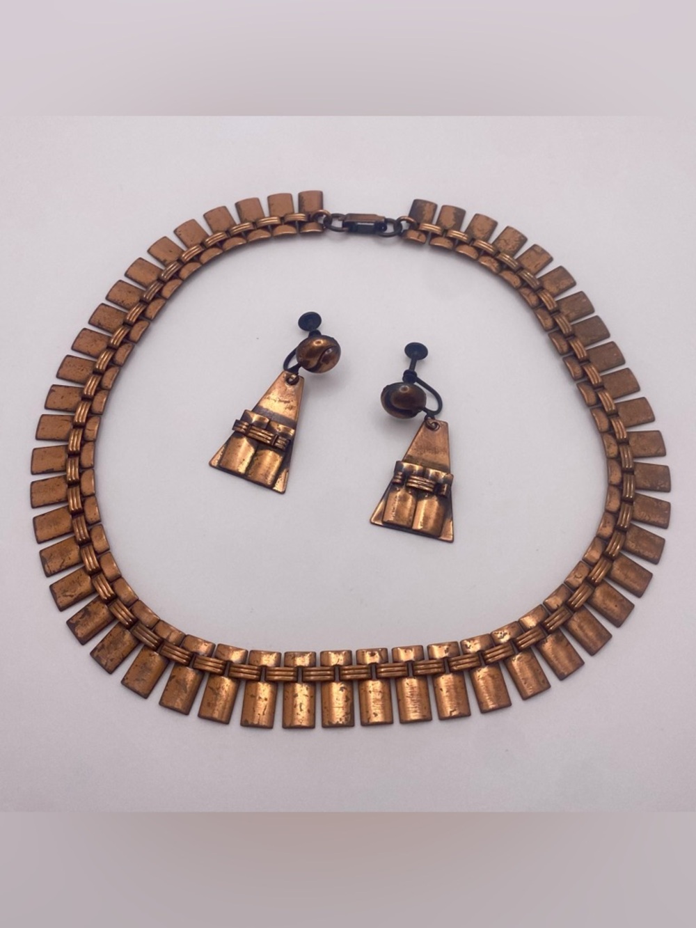 Vintage 1960s copper book chain necklace + matching screwback earrings